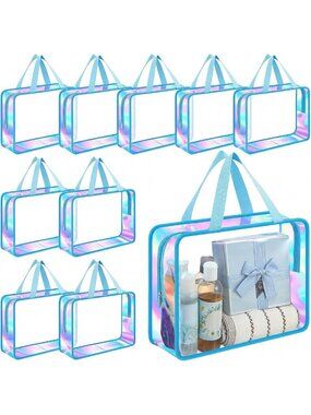 10 Pcs Clear Makeup Bags with Handle - Large Toiletry Organizer, Blue Travel Set